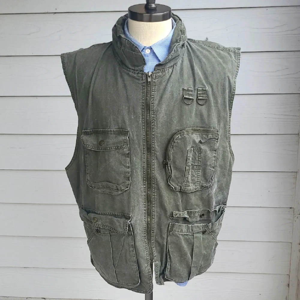 BANANA REPUBLIC Safari & Travel‎ Green Grey Cotton Mens XL Full Zip Up Vest VTG